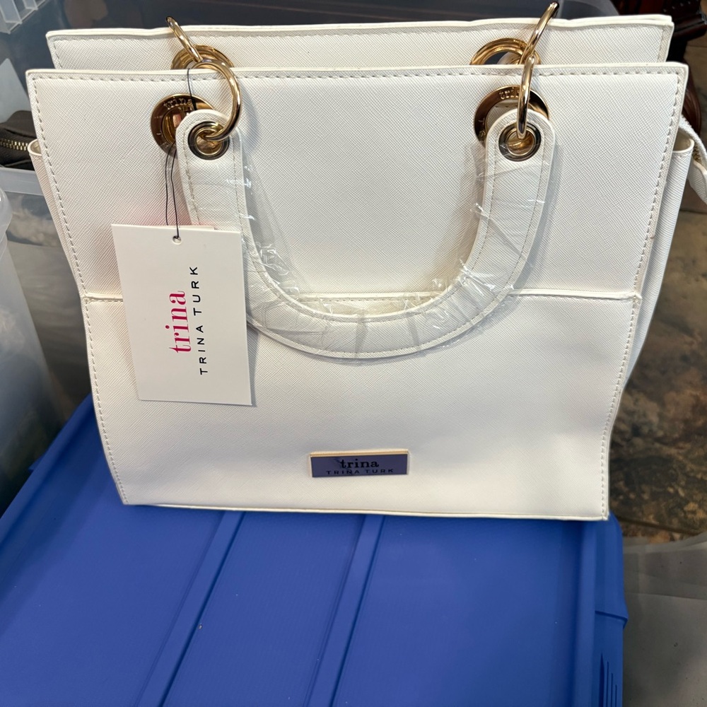 Trina Turk White Satchel with Gold Accents